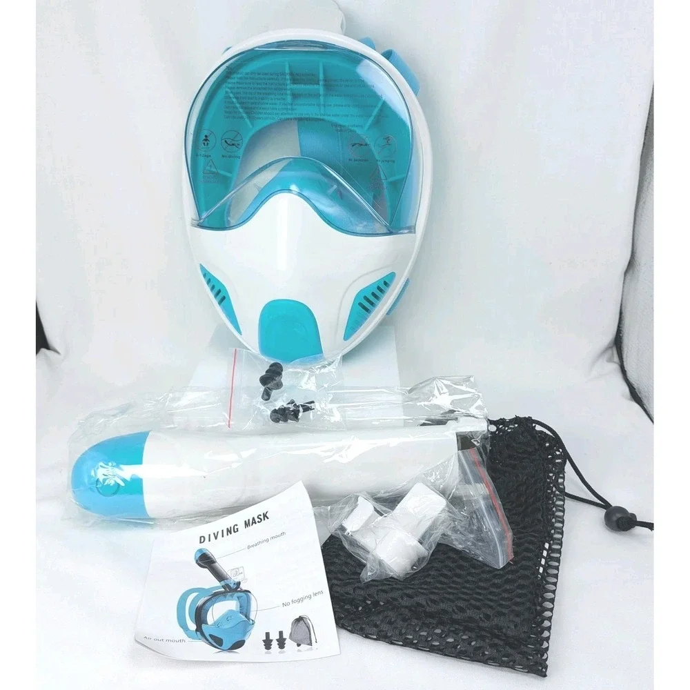 Full Face Snorkel Mask Set with Panoramic Anti-Fog Goggles‎ White/Turquoise